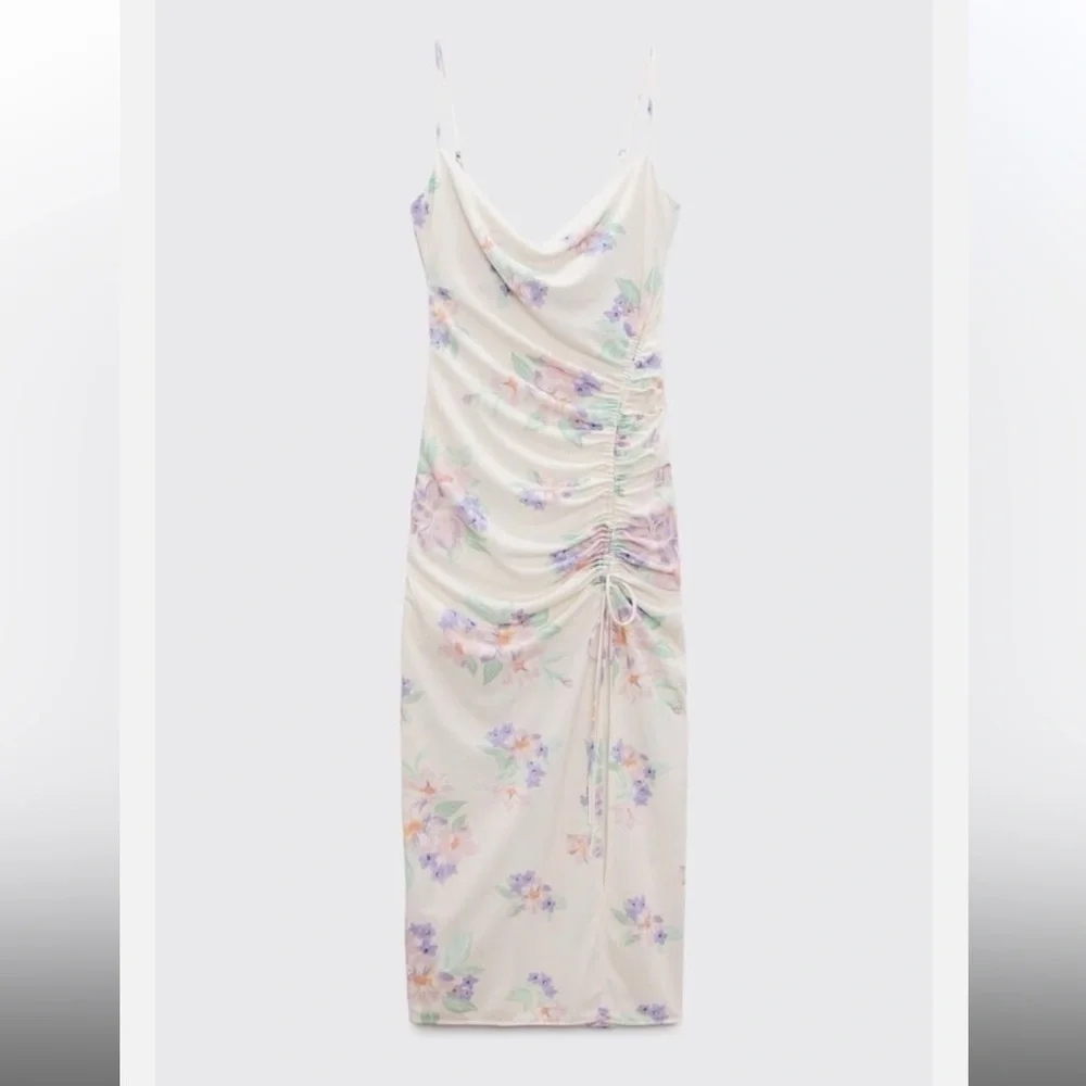 Zara Cream Floral Midi Dress - Picture 1 of 5